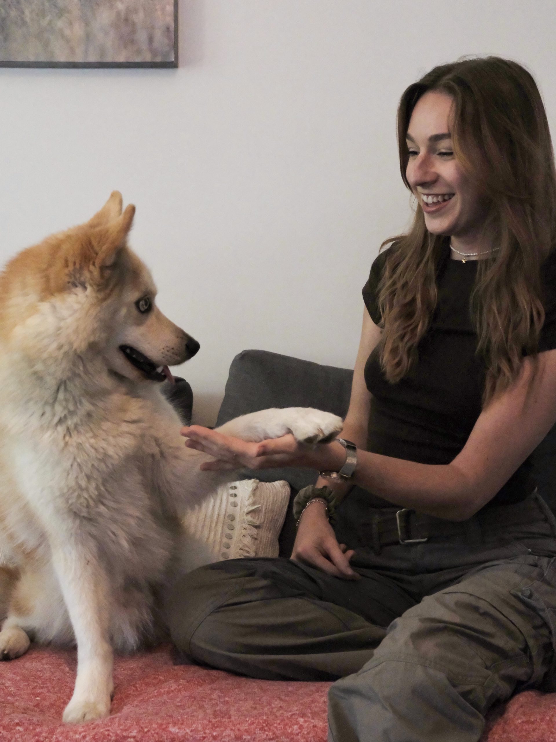 Un chien donne la patte a Léna